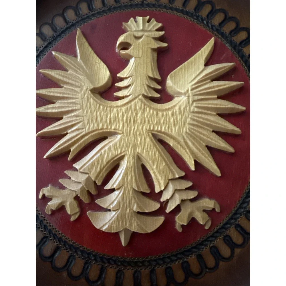 Polish Eagle Wooden Carved Plate Wall Hanging Folk Art Poland Coat of Arms 9.5